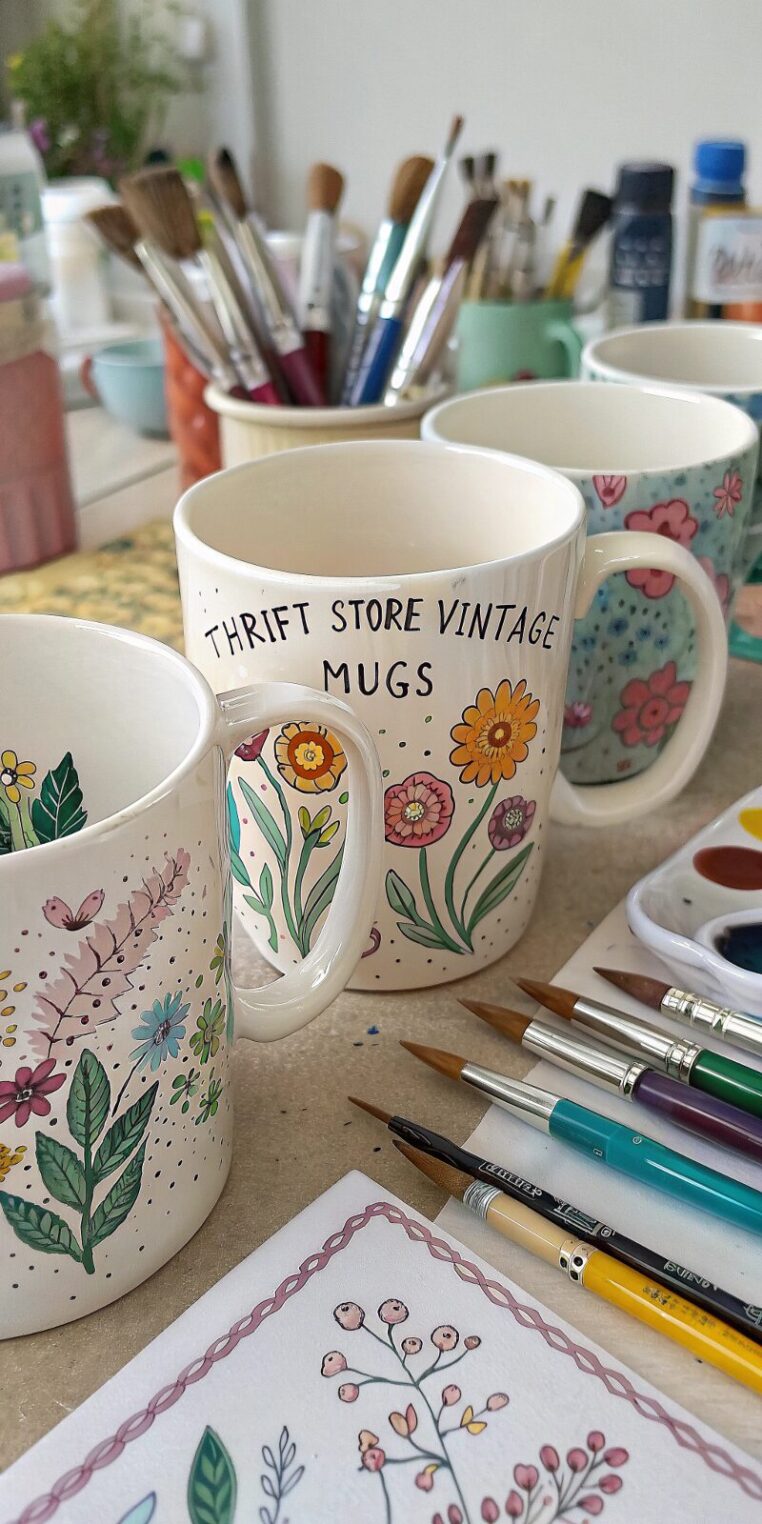 -collection-of-thrift-store-vintage-mugs-hand-pain collection of thrift store vintage mugs hand pain