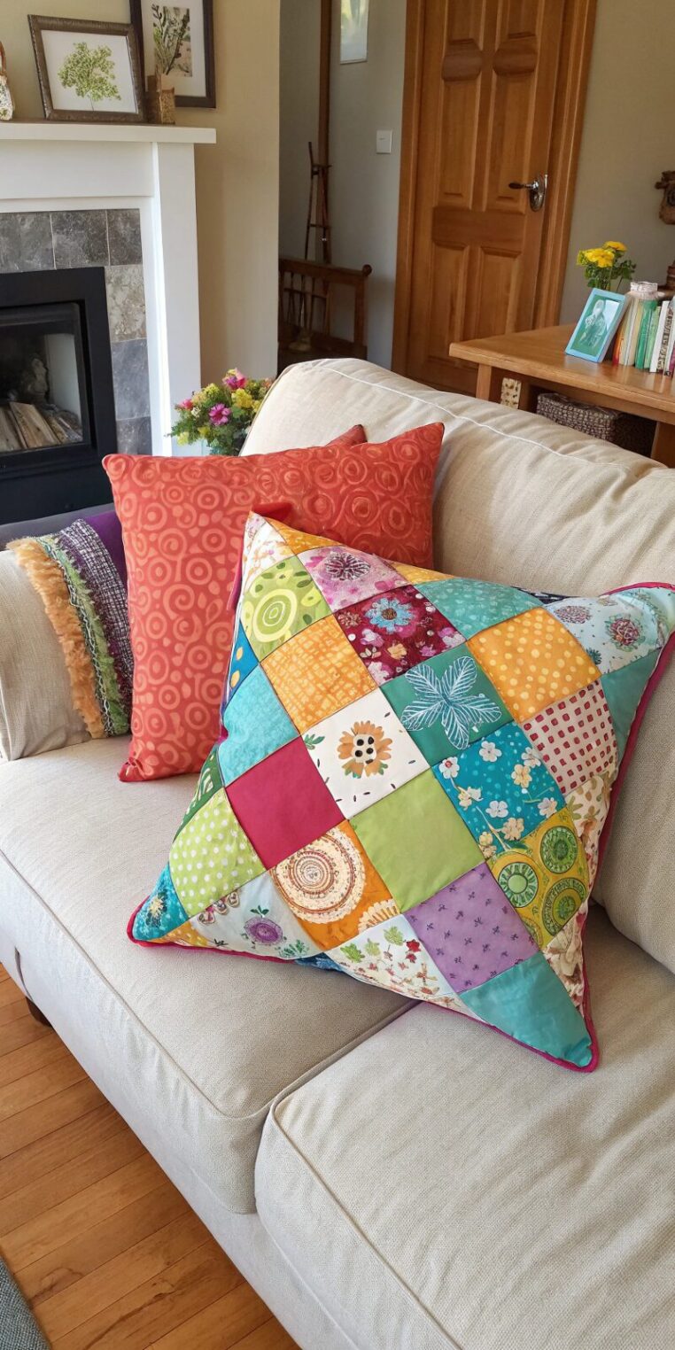 -colorful-patchwork-pillow-cover-made-from-sewn-fa colorful patchwork pillow cover made from sewn fa