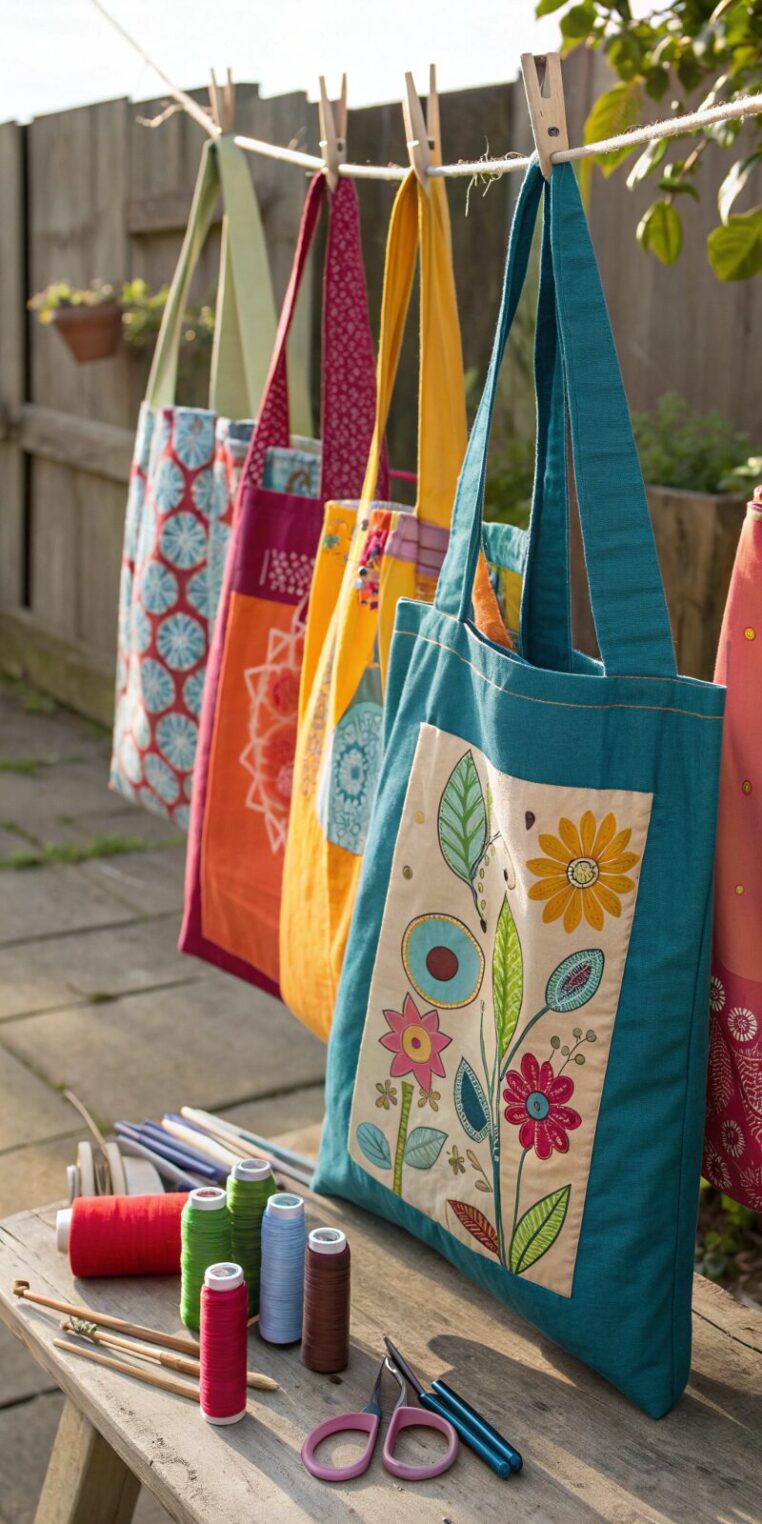 -colorful-tote-bags-made-from-cut-and-tied-old-thr colorful tote bags made from cut and tied old thr