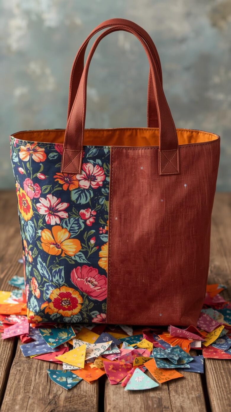 double sided reversible tote bag showcasing one floral and one solid side handles aligned positioned on a wooden table with fabric scraps