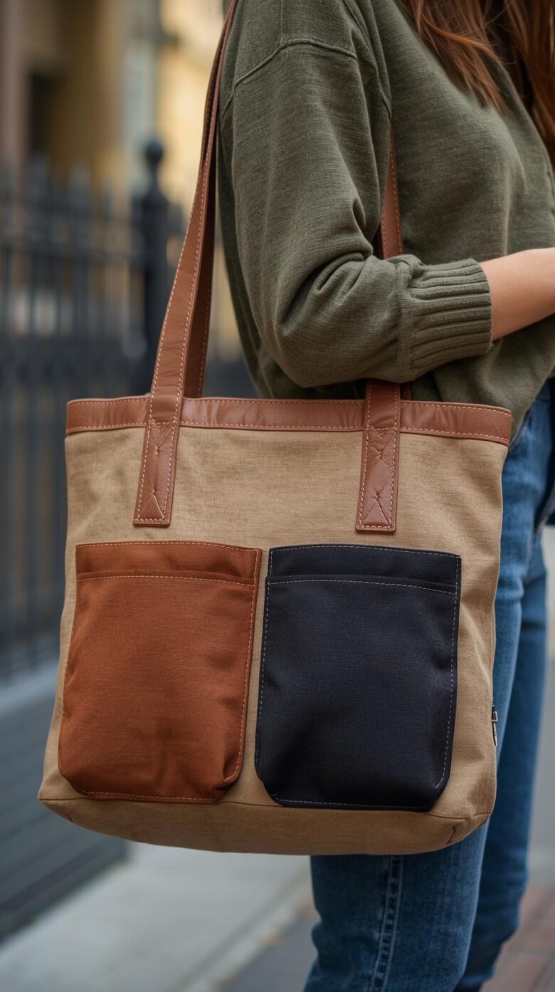 functional tote bag with two front exterior pockets in contrasting fabric detailed topstitching placed on a casual urban backdrop