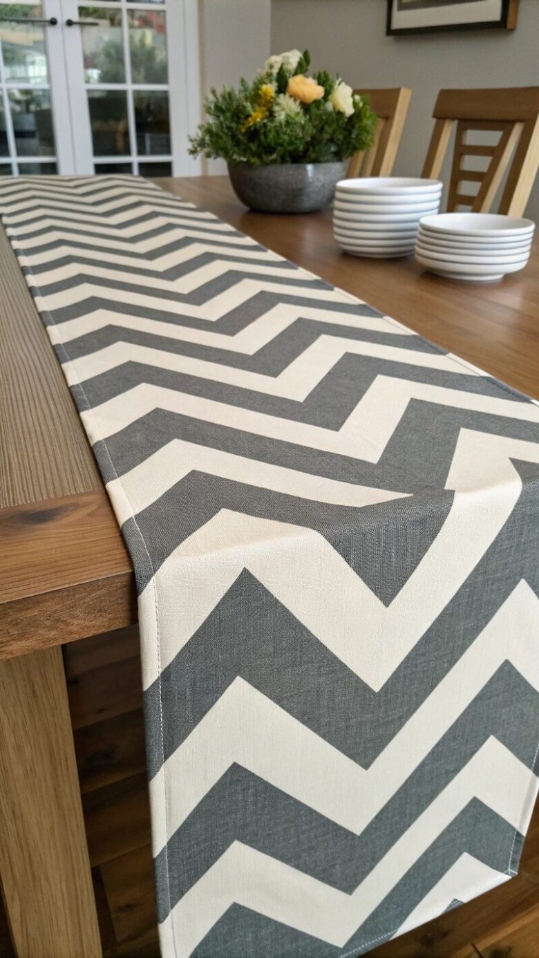 -geometric-chevron-stripe-table-runner-in-charcoal geometric chevron stripe table runner in charcoal