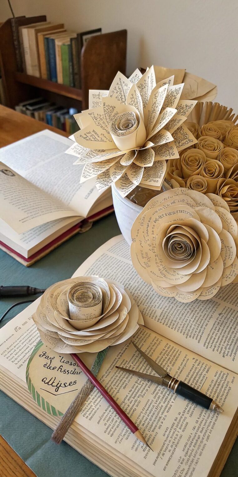 -handcrafted-paper-flowers-made-from-old-book-page handcrafted paper flowers made from old book page
