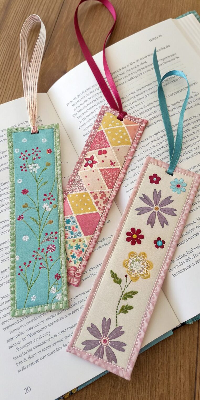 -handmade-fabric-bookmarks-with-ribbons-attached-- handmade fabric bookmarks with ribbons attached