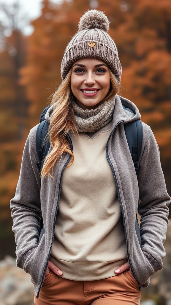 13 Hiking Outfit Ideas for Women lady wearing cozy image
