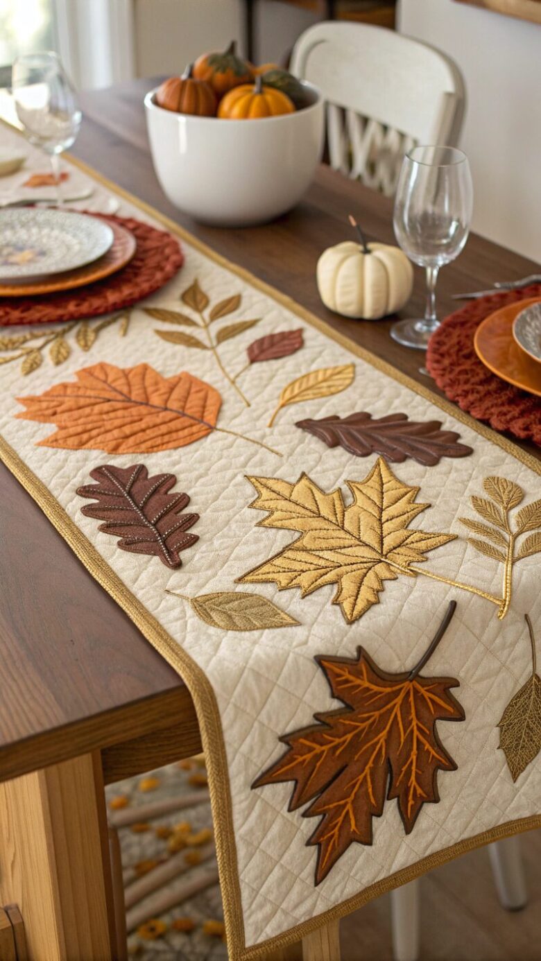 -nature-inspired-table-runner-with-fabric-leaf-app nature inspired table runner with fabric leaf app
