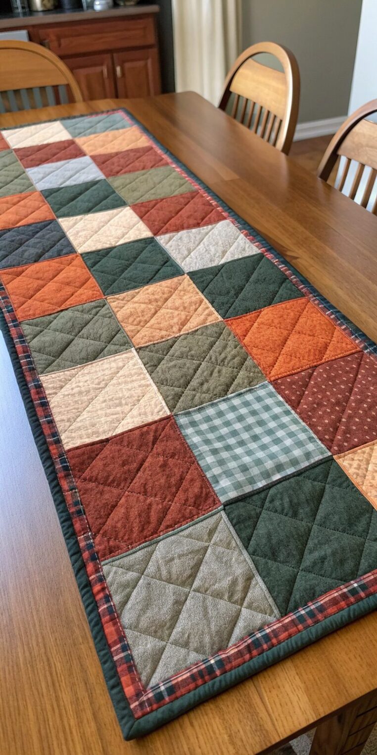 -patchwork-runner-with-squares-of-flannel-fabrics- patchwork runner with squares of flannel fabrics