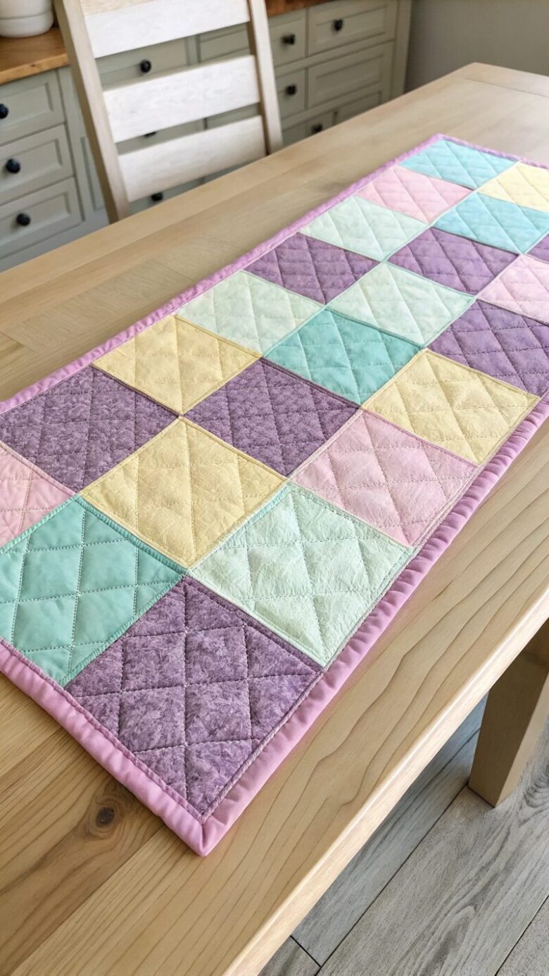 --patchwork-table-runner-made-of-4-inch-squares-in patchwork table runner made of 4 inch squares in