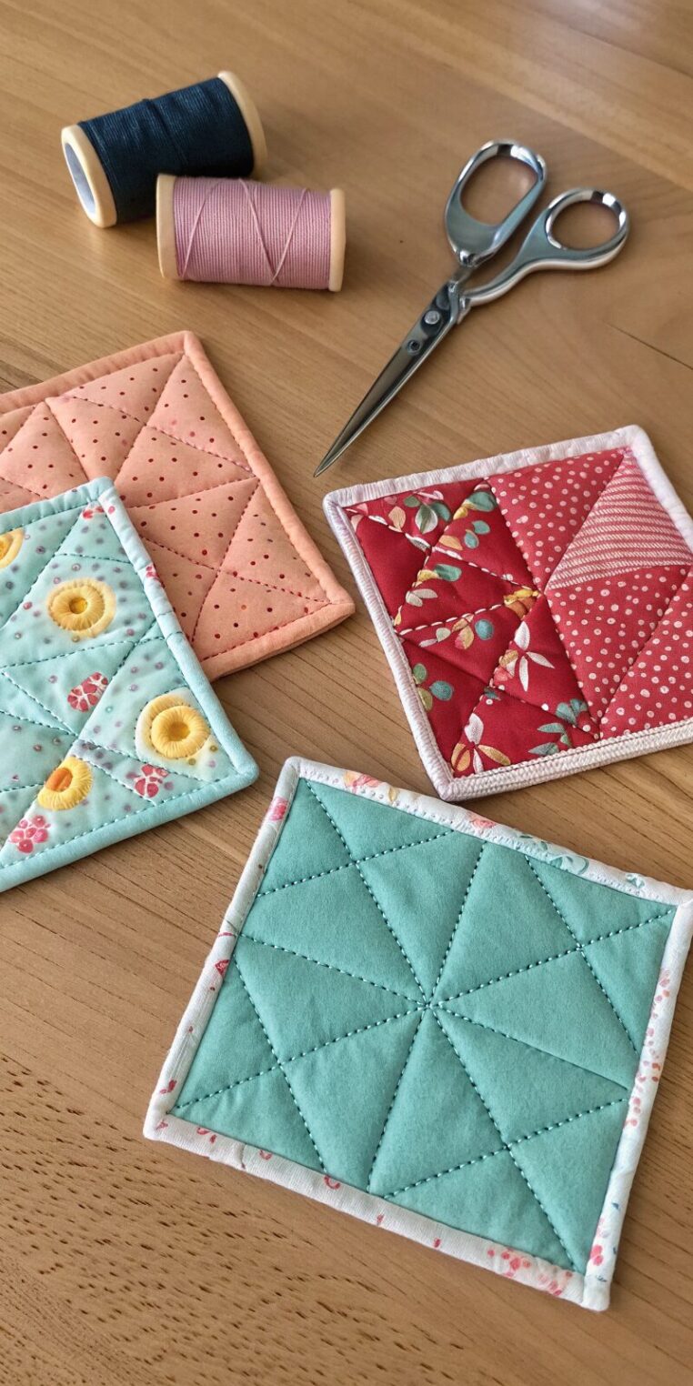 -set-of-small-quilted-fabric-coasters-in-mixed-sol set of small quilted fabric coasters in mixed sol