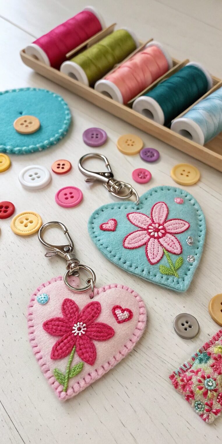 -small-fabric-keychains-shaped-like-flowers-and-he small fabric keychains shaped like flowers and he