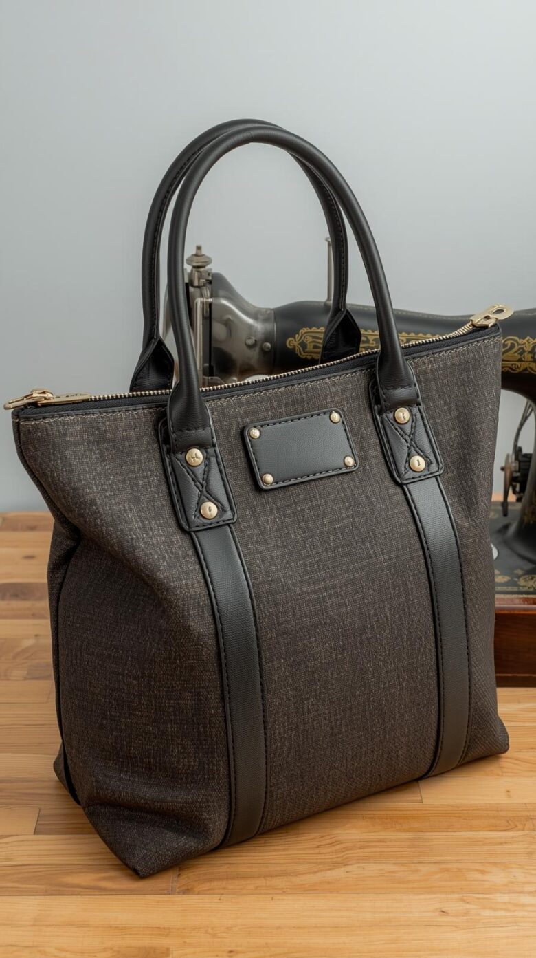 structured tote bag with 14 inch zipper closure at top made of durable fabric set on a workspace with a zipper foot sewing machine