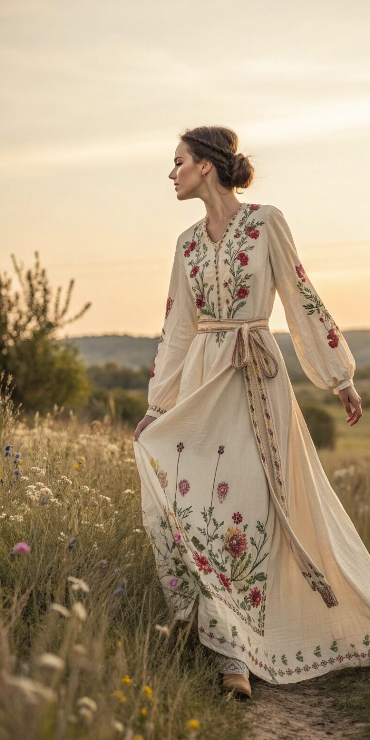 -woman-in-a-floor-length-boho-maxi-dress-with-deta woman in a floor length boho maxi dress with deta